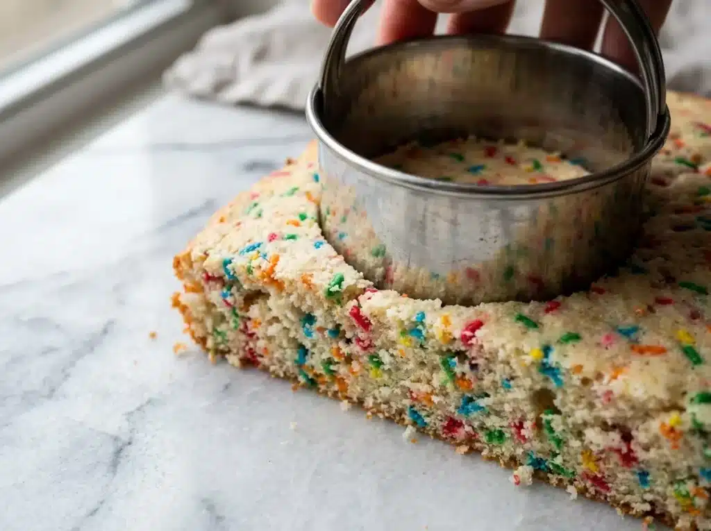 Viral Dot Cake Recipe: 5 Easy Steps to Make It at Home 4 Round cutter cutting cooled confetti cake rounds for dot cake recipe