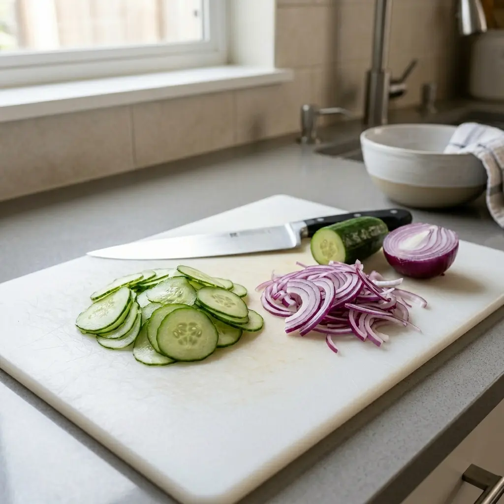 Creamy Cucumber Salad Recipe That's Cool, Tangy, and Ready in 15 Minutes 3 Thinly sliced cucumbers and red onion prepared for creamy cucumber salad on a cutting board.