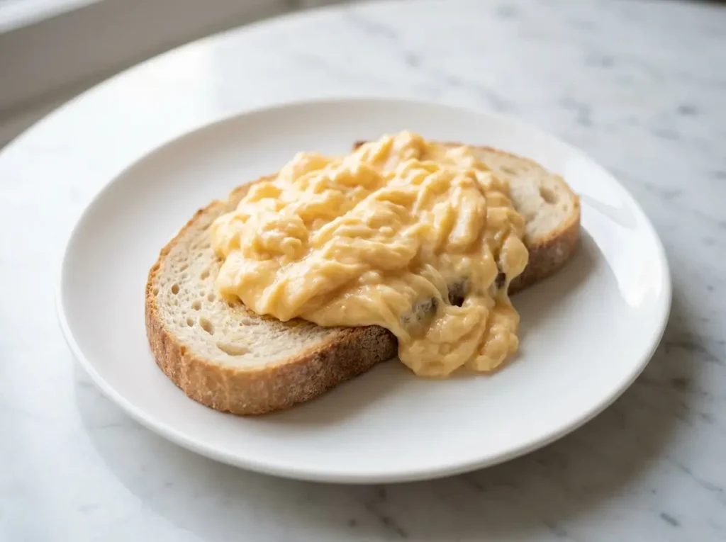 Easy to Digest Recipes for Wegovy Nausea: 7 Gentle Meals That Actually Work 3 Soft scrambled eggs with pale golden creamy curds served on a slice of plain sourdough toast on a white ceramic plate