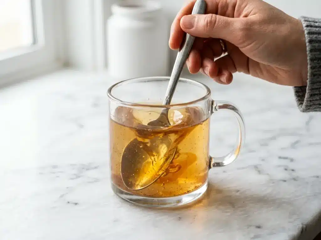 A spoon stirring honey into warm cinnamon water in a glass mug