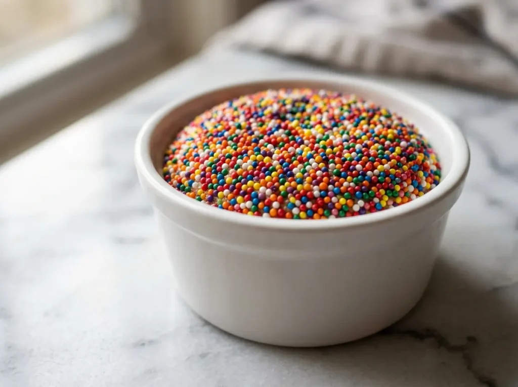 Dot cake recipe in a white ramekin coated with rainbow nonpareil sprinkles on white marble