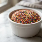 Dot cake recipe in a white ramekin coated with rainbow nonpareil sprinkles on white marble