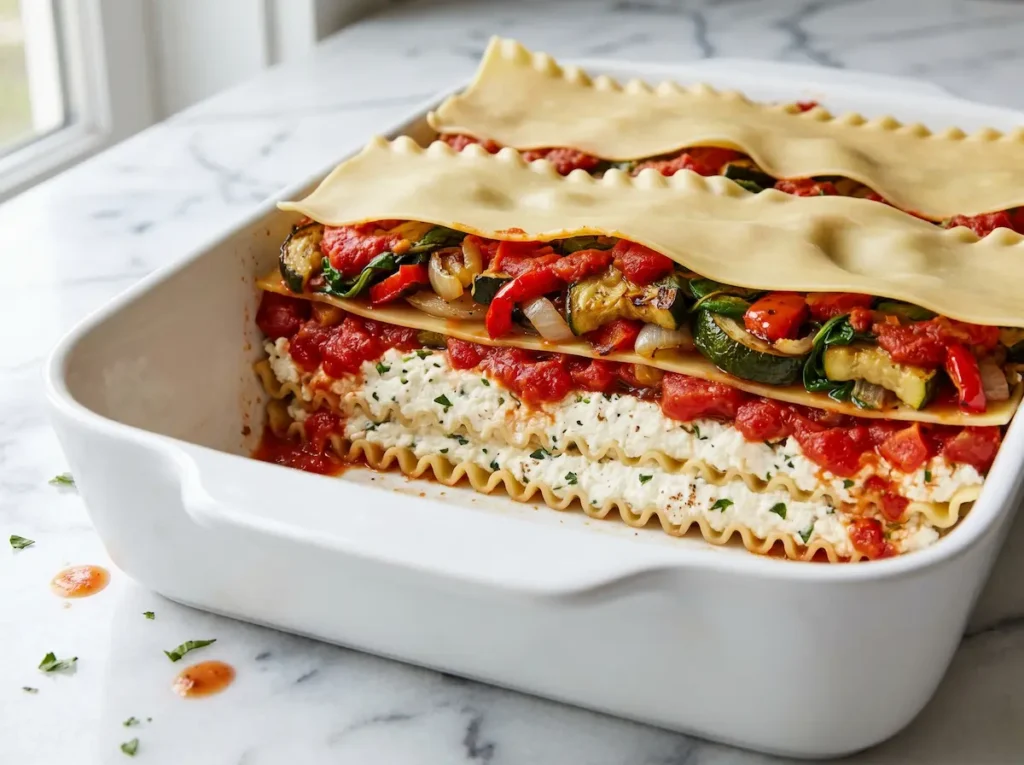 Easy Vegetable Lasagna Recipe: 7 Layers of Bold Flavor 6 Layering vegetable lasagna with ricotta vegetables and sauce in 9x13 baking dish