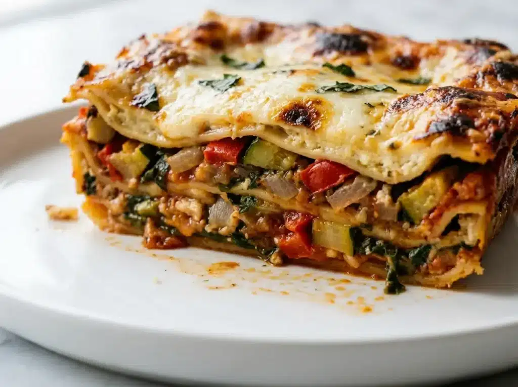 Slice of vegetable lasagna recipe with roasted vegetables and golden mozzarella on white plate
