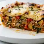 Slice of vegetable lasagna recipe with roasted vegetables and golden mozzarella on white plate