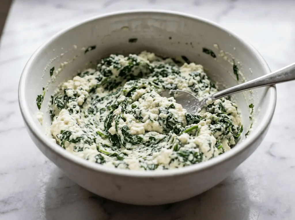 Easy Vegetable Lasagna Recipe: 7 Layers of Bold Flavor 5 Ricotta and spinach filling in white bowl for vegetable lasagna recipe