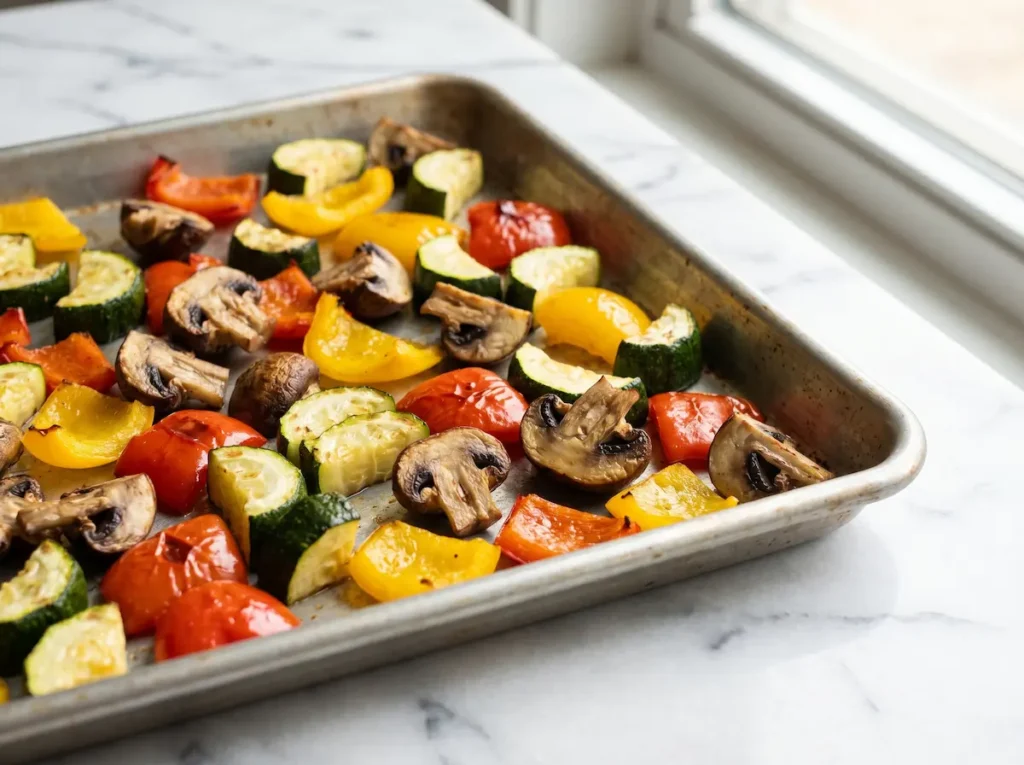 Easy Vegetable Lasagna Recipe: 7 Layers of Bold Flavor 2 Roasted zucchini, bell peppers, and mushrooms on baking sheet for vegetable lasagna recipe