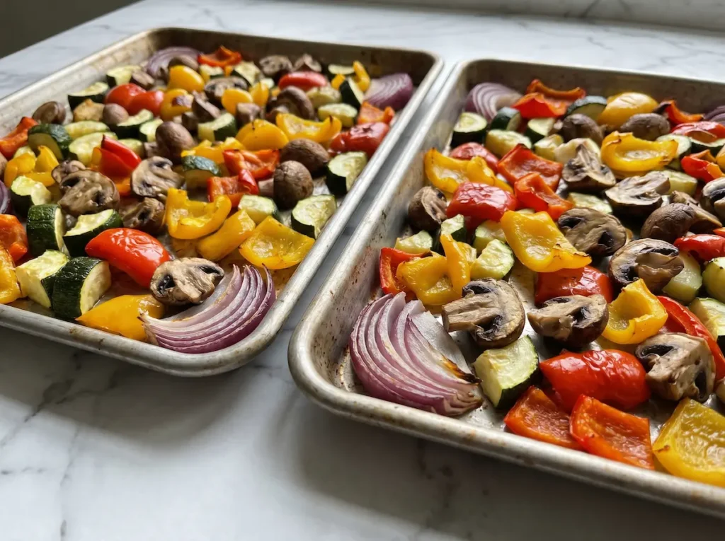 Easy Vegetable Lasagna Recipe: 7 Layers of Bold Flavor 3 Two baking sheets of roasted zucchini peppers and mushrooms for vegetable lasagna recipe