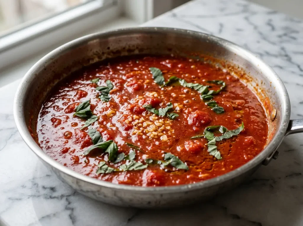 Easy Vegetable Lasagna Recipe: 7 Layers of Bold Flavor 4 Homemade tomato sauce simmering in saucepan with garlic and basil for vegetable lasagna recipe