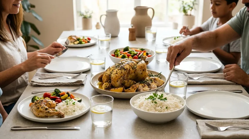 Family dinner table with baked chicken, rice, vegetables, and warm plates ready to serve