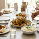 Family dinner table with baked chicken, rice, vegetables, and warm plates ready to serve
