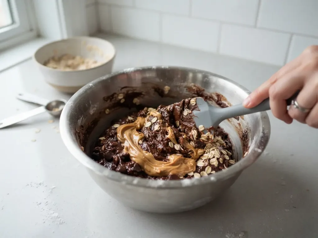 Easy No Bake Cookies Recipe That Sets Every Time 4 Oats and peanut butter being stirred into the warm cookie base.