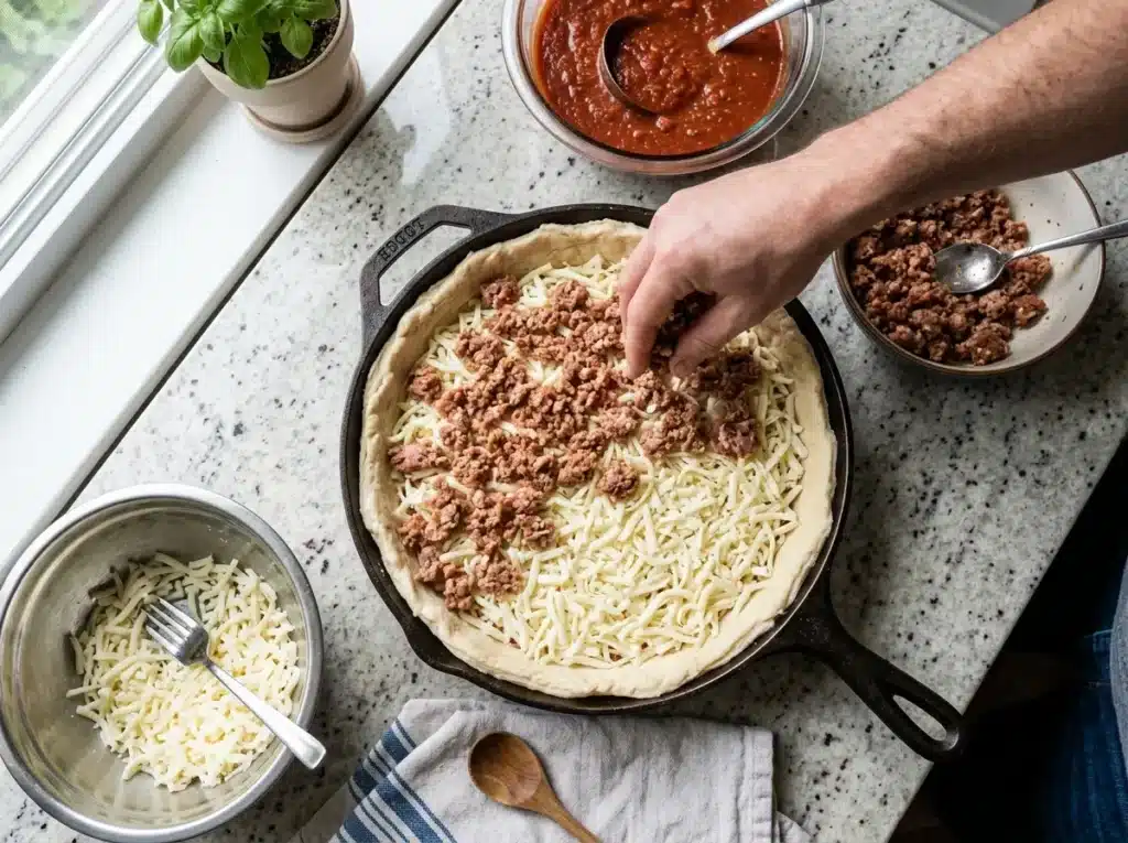 Assembling a Chicago deep dish pizza in a cast iron pan