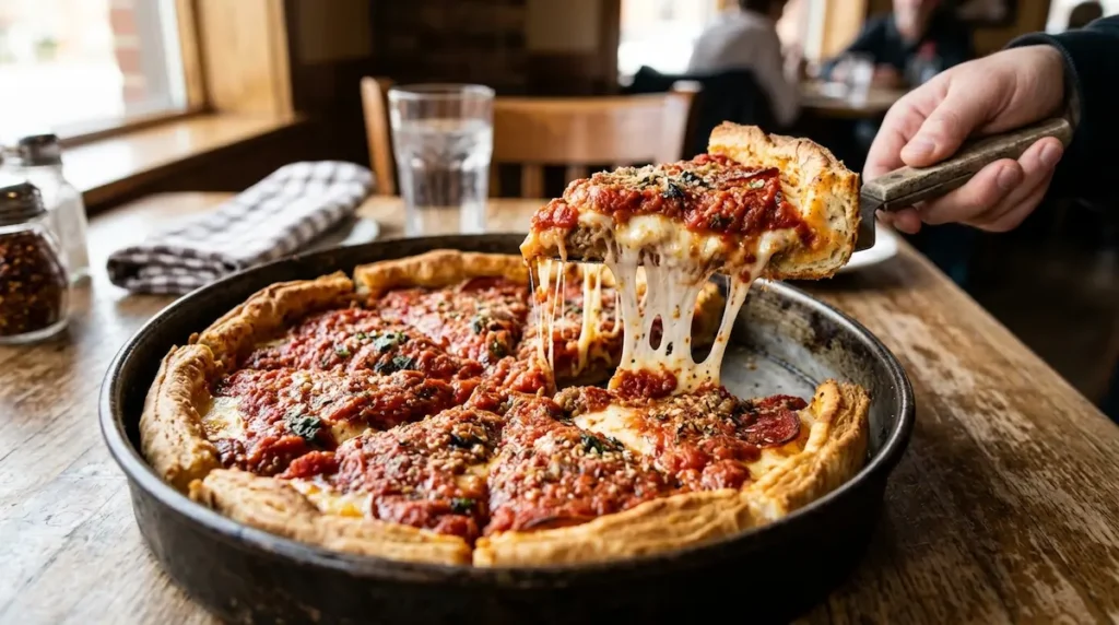 Finished Chicago deep dish pizza sliced in the pan