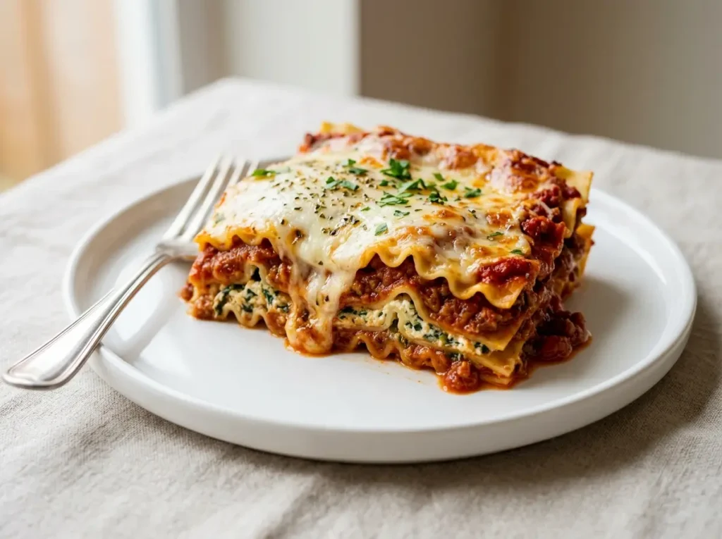 11 Easy Family Dinner Recipes That Actually Work 8 Slice of lasagna with melted cheese and sauce on a white plate.