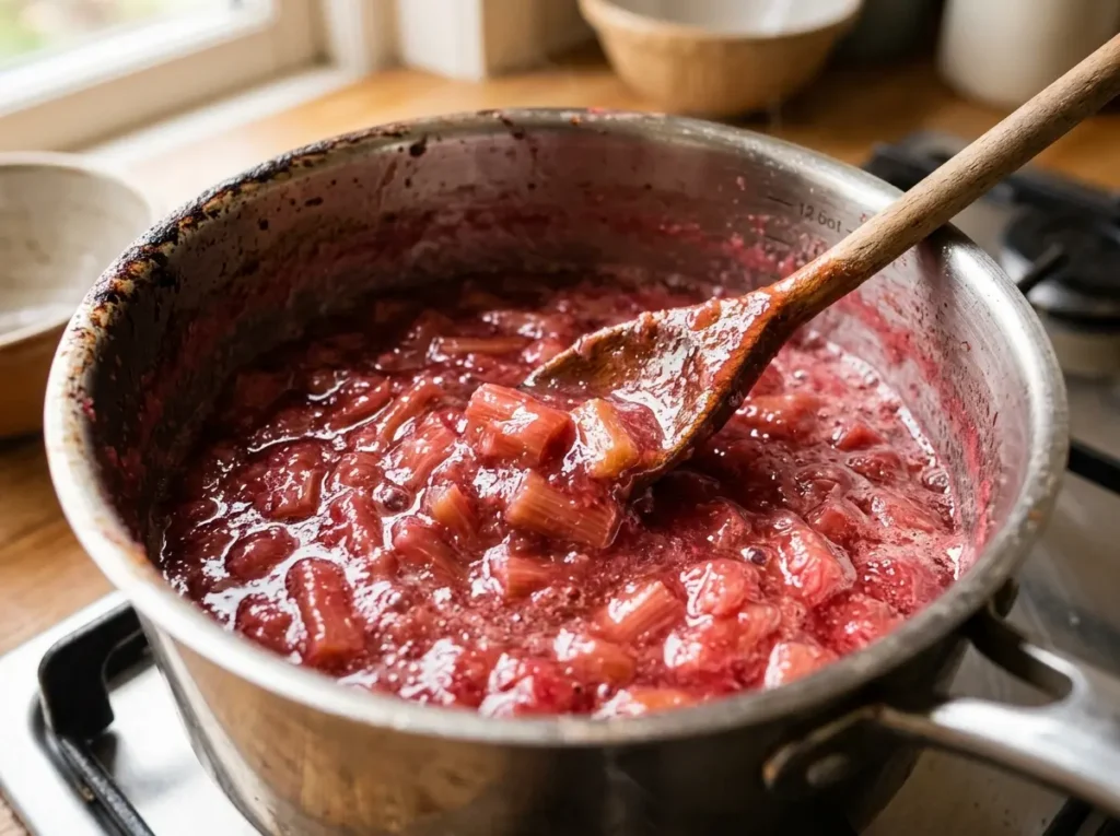 Rhubarb Jam Recipe: The 3 Ingredient Method That Actually Sets 5 Spoonful of jam on a chilled plate being pushed to test the set