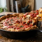 Finished Chicago deep dish pizza sliced in the pan