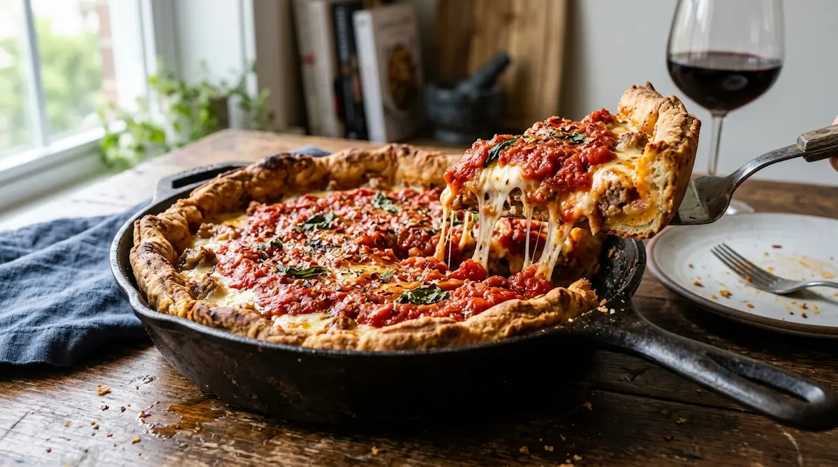Finished Chicago deep dish pizza sliced in the pan