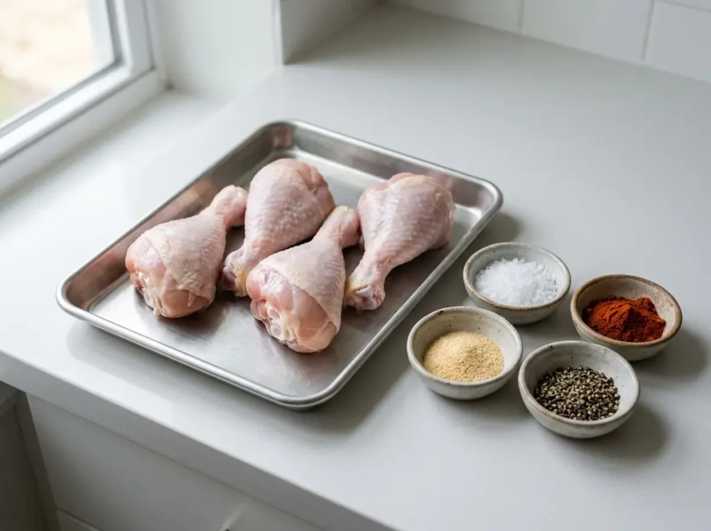 11 Easy Family Dinner Recipes That Actually Work 6 Seasoned chicken legs on a tray with salt, paprika, and spices nearby.