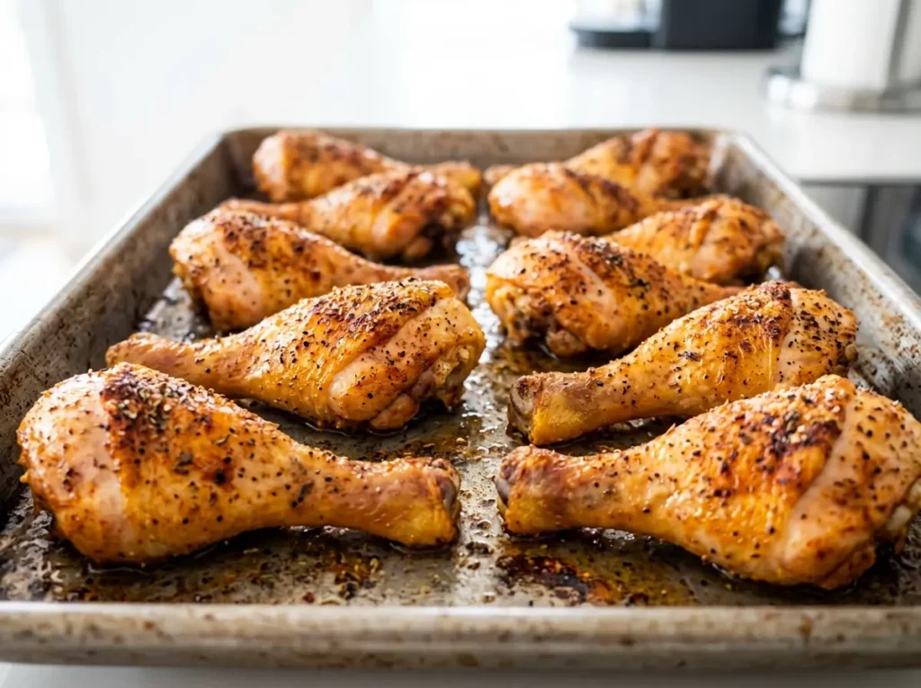 oven baked chicken legs arranged on a tray with space between each drumstick