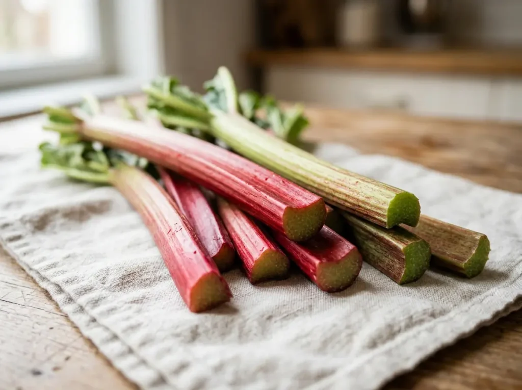 Rhubarb Jam Recipe: The 3 Ingredient Method That Actually Sets 7 Fresh red and green rhubarb stalks laid on a kitchen towel.