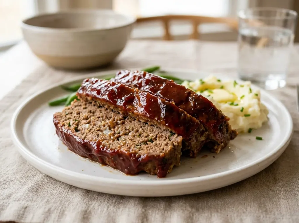 11 Easy Family Dinner Recipes That Actually Work 7 Sliced classic meatloaf with glaze on a white plate.
