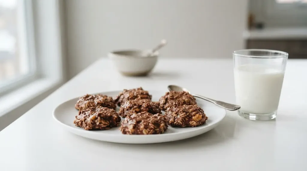 Easy No Bake Cookies Recipe That Sets Every Time 8 A plate of no bake cookies beside a glass of milk on a clean bright surface.