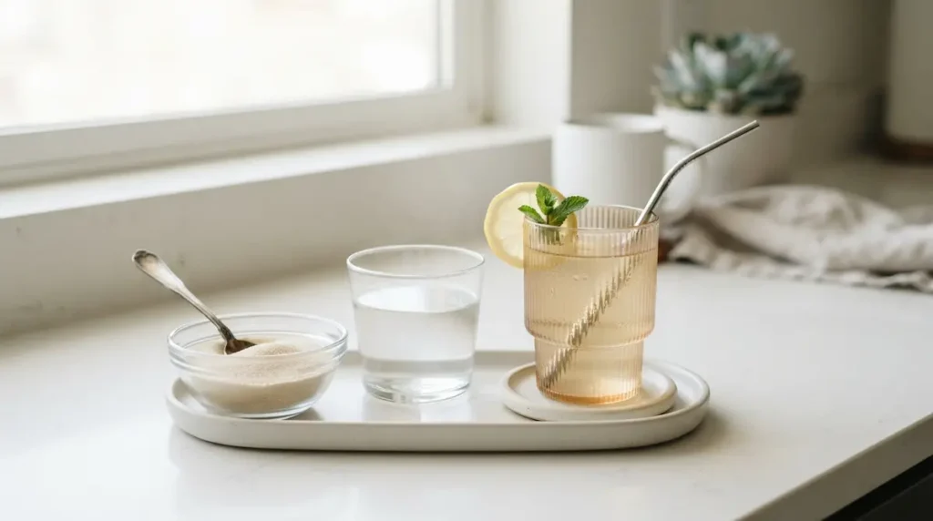 Horse Gelatin vs Beef Gelatin: 5 Shocking Differences Revealed 6 Gelatin powder, warm water, and a small glass of dissolved gelatin on a bright counter.