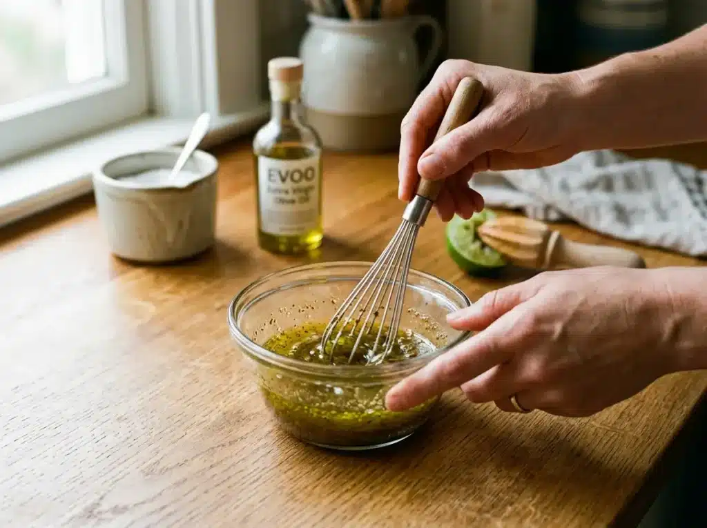 Whisking olive oil, lime juice, and cumin for cowboy caviar dressing