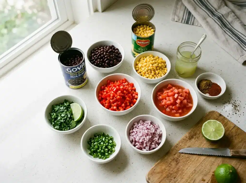 Cowboy caviar ingredients including black beans, corn, and diced vegetables