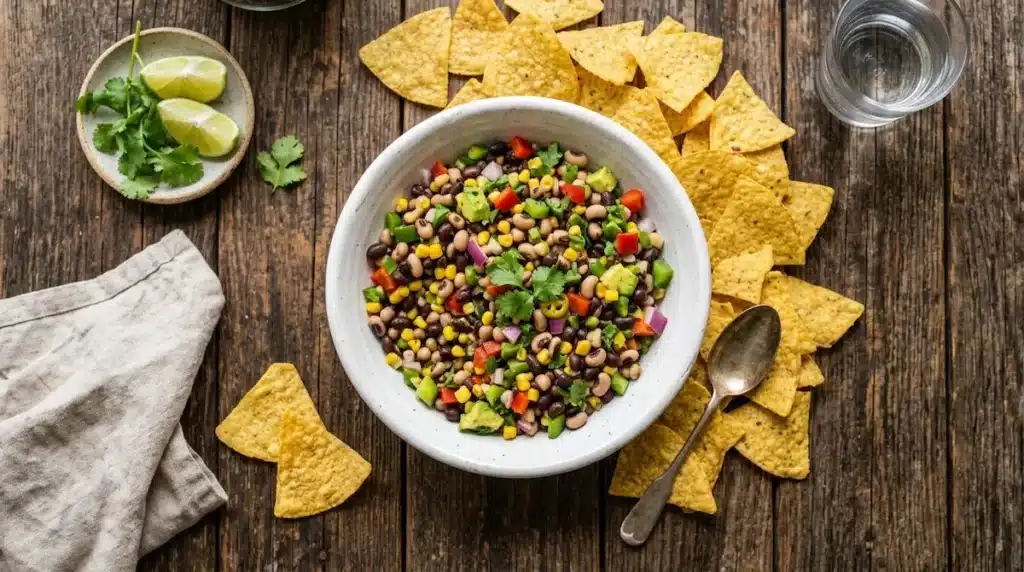 Cowboy caviar recipe served in a white bowl with tortilla chips