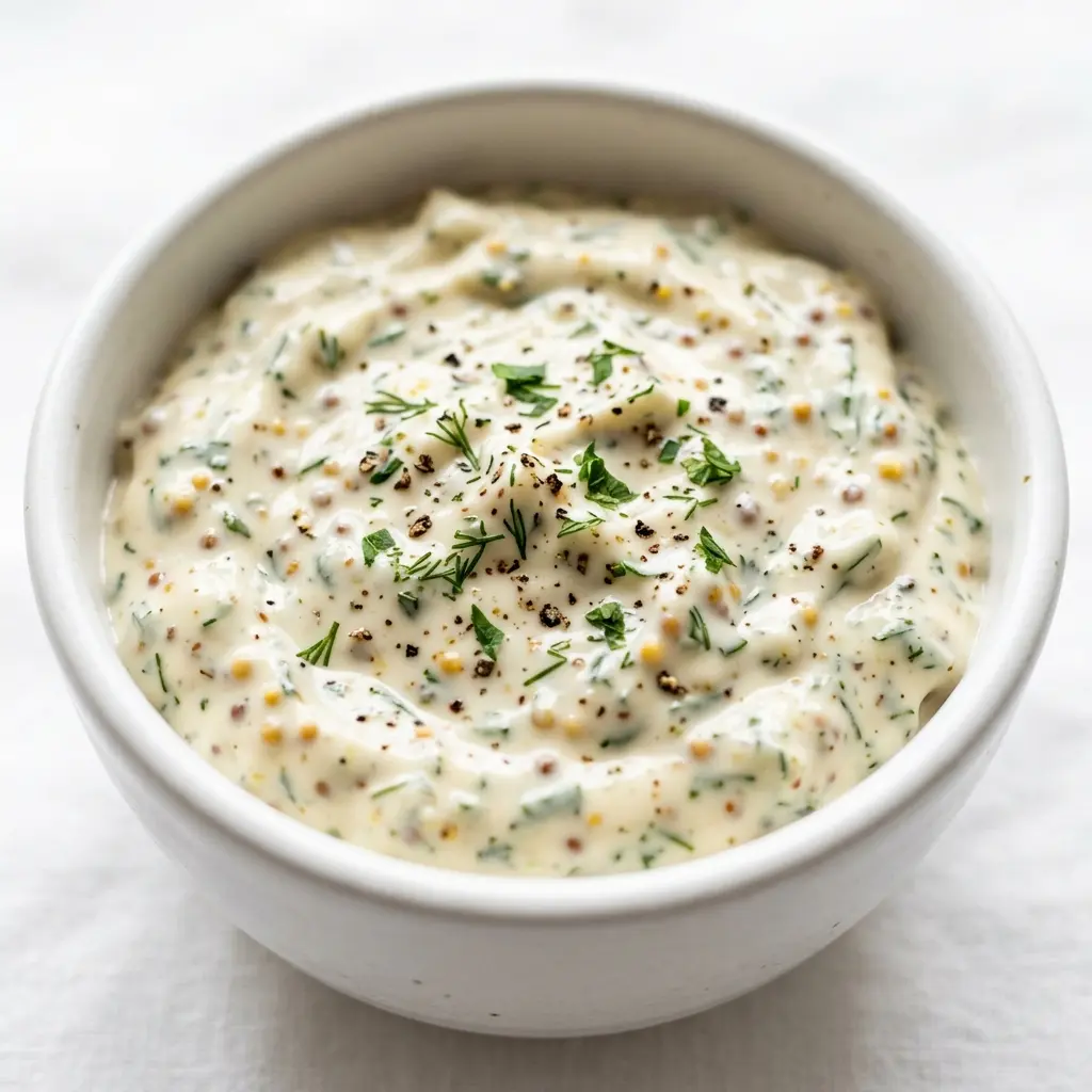 creamy potato salad dressing with mayonnaise mustard and herbs in a bowl