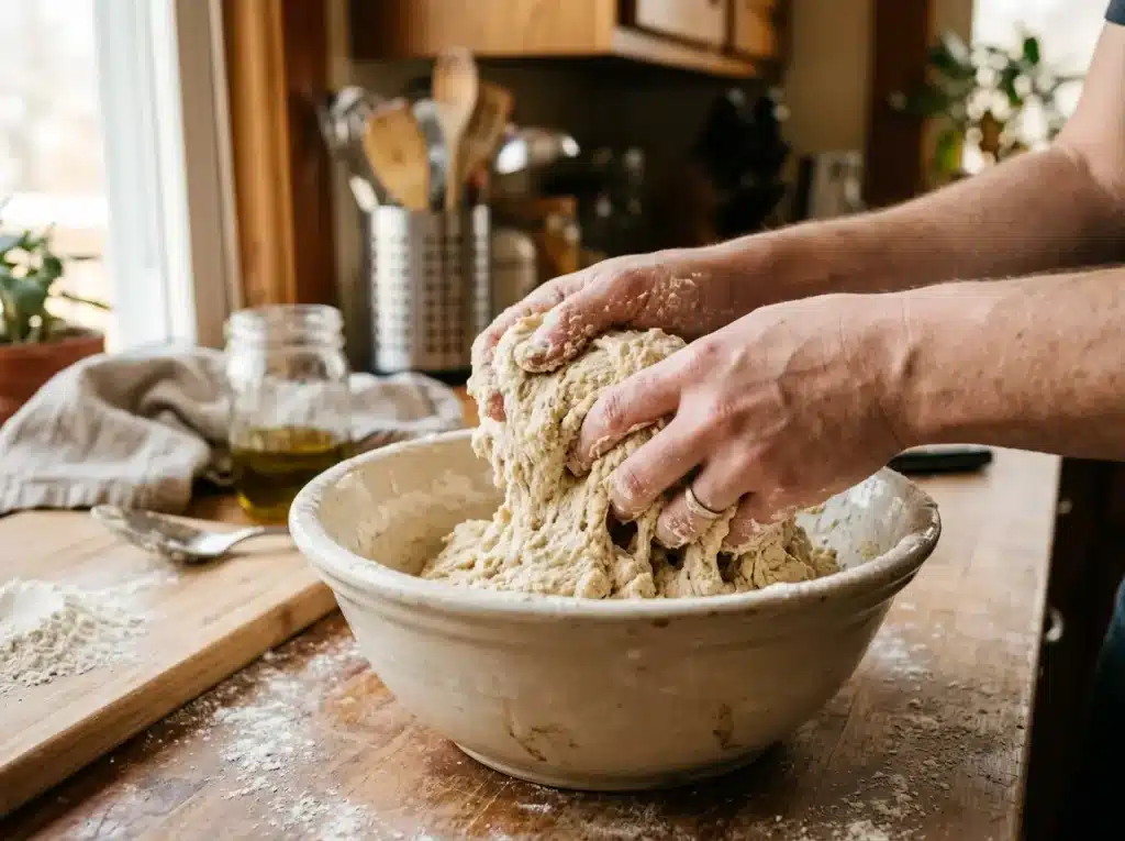 Chicago deep dish pizza dough being mixed in a bowl