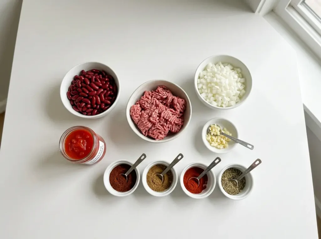 11 Easy Family Dinner Recipes That Actually Work 2 Ground beef, beans, tomatoes, onion, and spices arranged for chili prep.