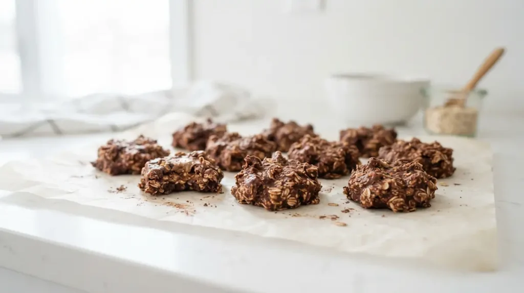 A plate of chocolate no bake cookies on white parchment with a clean bright background.