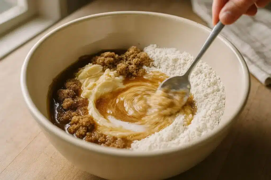 Edible Cookie Dough Mixing Bowl Mixing edible cookie dough ingredients in a bowl without eggs