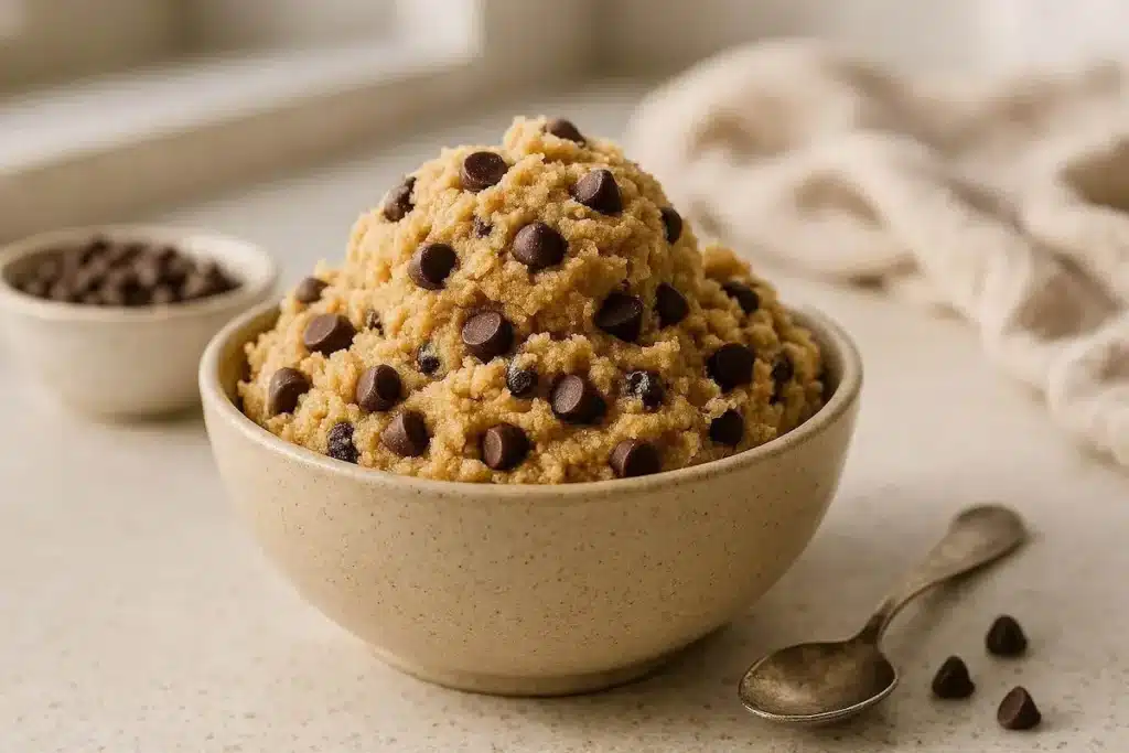 A bowl of edible cookie dough safe without eggs with chocolate chips.
