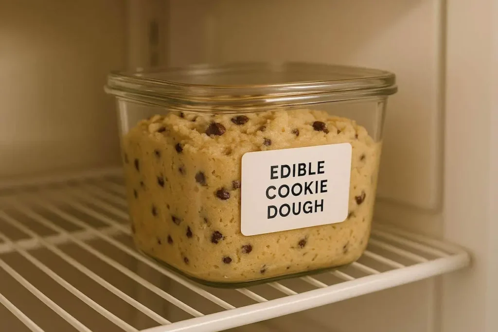 How to Make Edible Cookie Dough Safe Without Eggs 3 Edible cookie dough stored in a sealed container in the fridge.