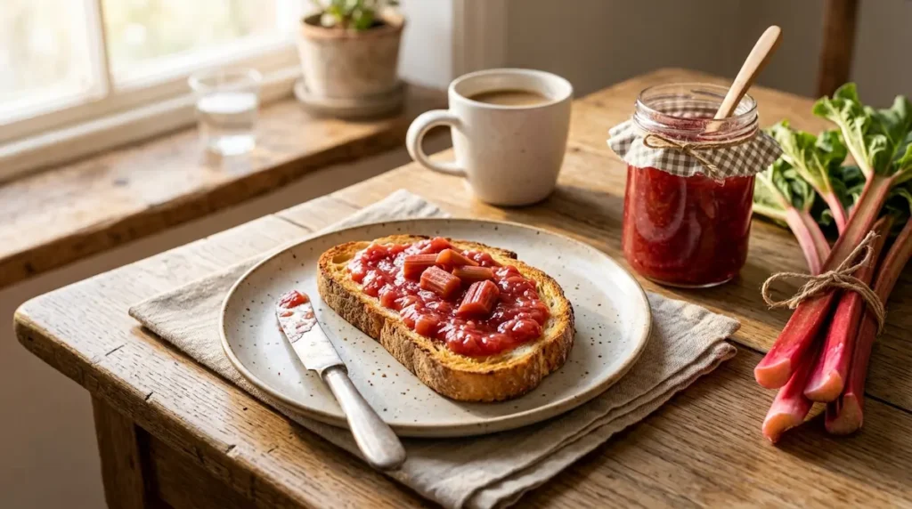 Rhubarb Jam Recipe: The 3 Ingredient Method That Actually Sets 9 Glass jar of rhubarb jam with toast, rhubarb stalks, and spoon on a stone surface