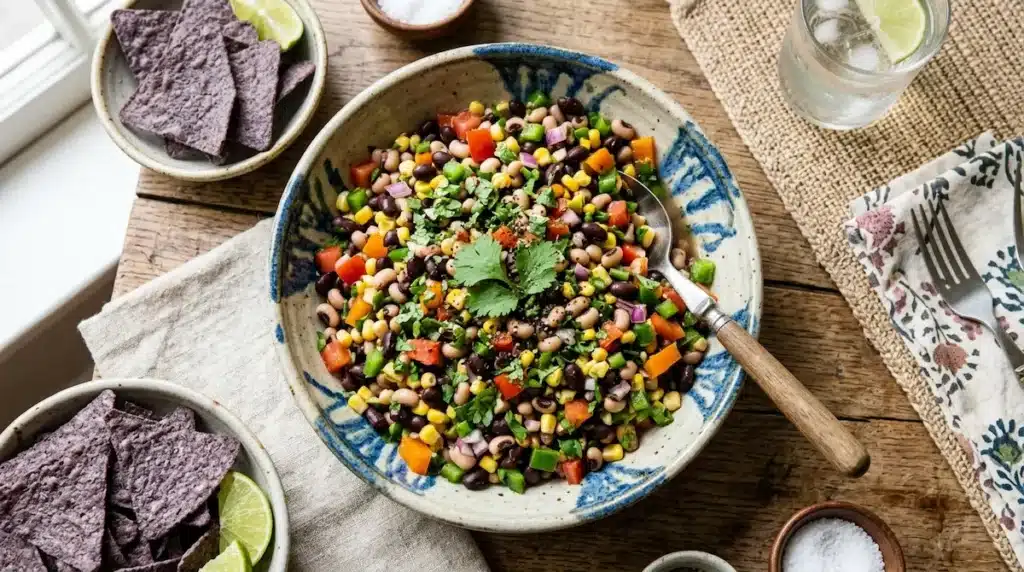 Overhead view of finished cowboy caviar recipe in a serving bowl