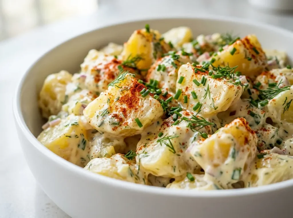  finished potato salad recipe served in a bowl with paprika and fresh herbs