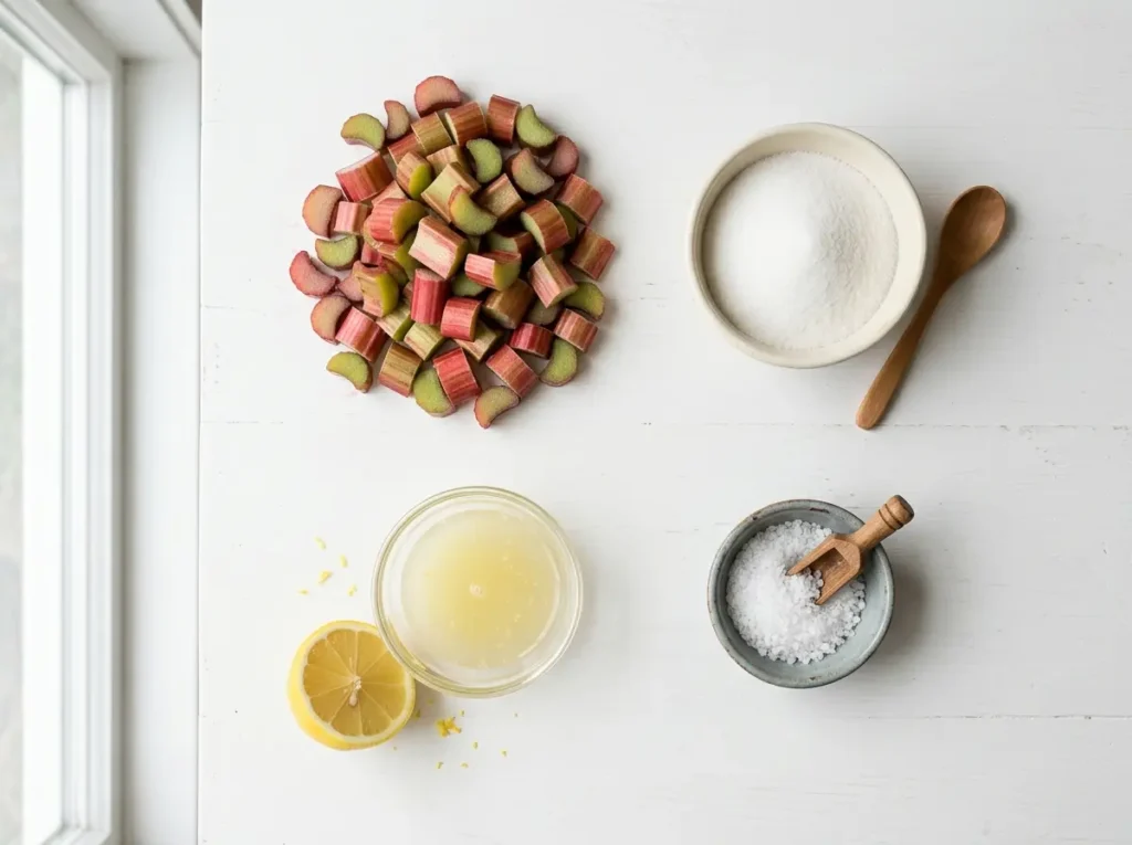 Rhubarb Jam Recipe: The 3 Ingredient Method That Actually Sets 2 Chopped rhubarb, sugar, lemon juice, and salt arranged on a white surface.