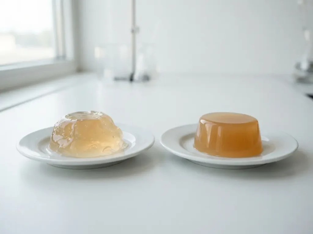 Horse Gelatin vs Beef Gelatin: 5 Shocking Differences Revealed 5 Two gelatin samples with different firmness on small plates.