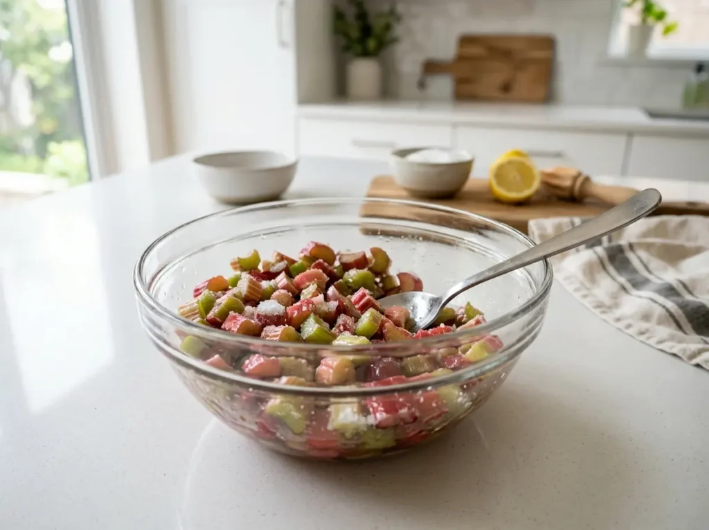 Rhubarb Jam Recipe: The 3 Ingredient Method That Actually Sets 3 Rhubarb mixed with sugar and lemon juice in a glass bowl