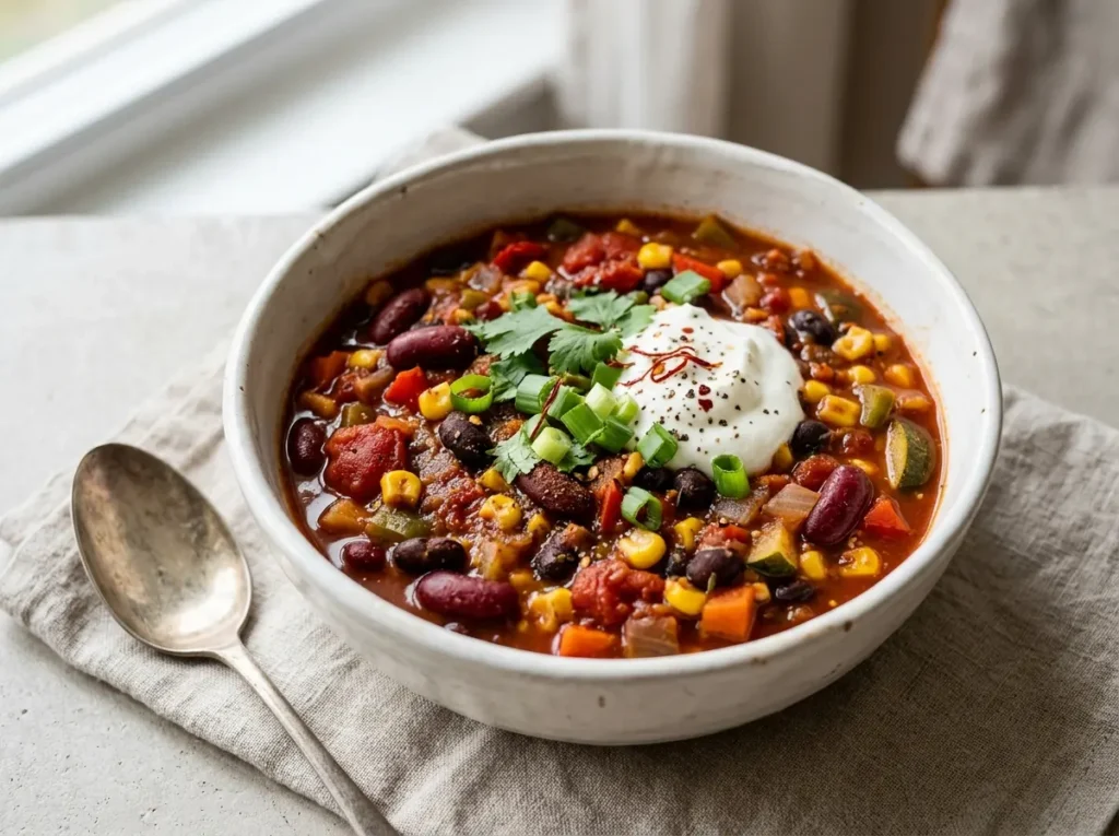 11 Easy Family Dinner Recipes That Actually Work 4 Bowl of meatless chili with beans and vegetables in a white ceramic bowl.
