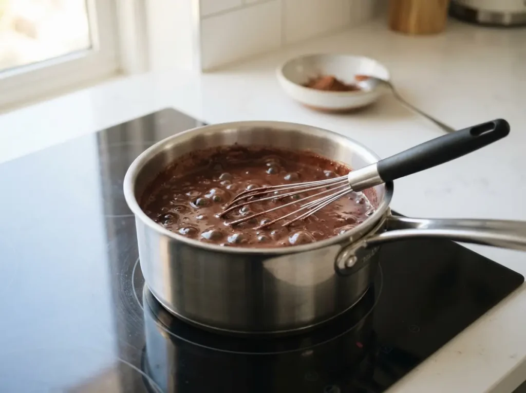 Easy No Bake Cookies Recipe That Sets Every Time 3 Cocoa mixture bubbling in a saucepan on a bright stovetop.