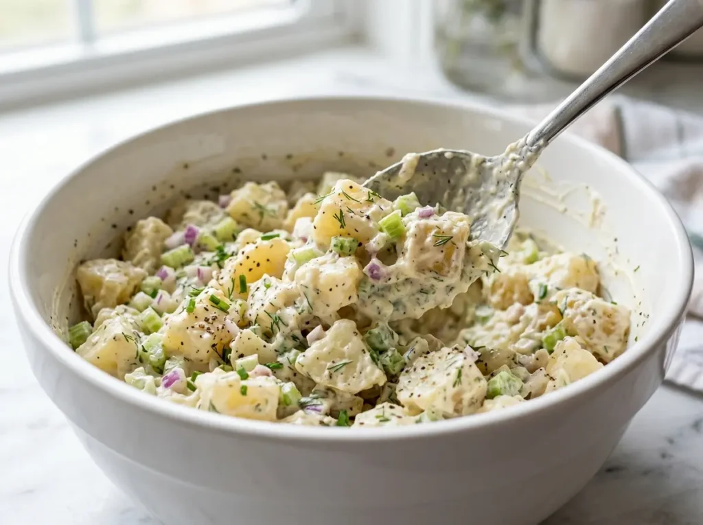 potato salad recipe being mixed in a bowl with celery onion and creamy dressing