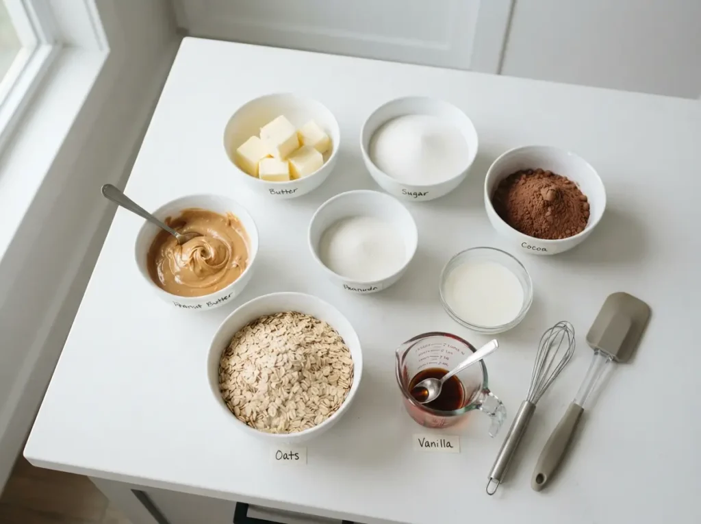 Easy No Bake Cookies Recipe That Sets Every Time 2 Butter, sugar, cocoa, milk, peanut butter, oats, and vanilla arranged for baking.