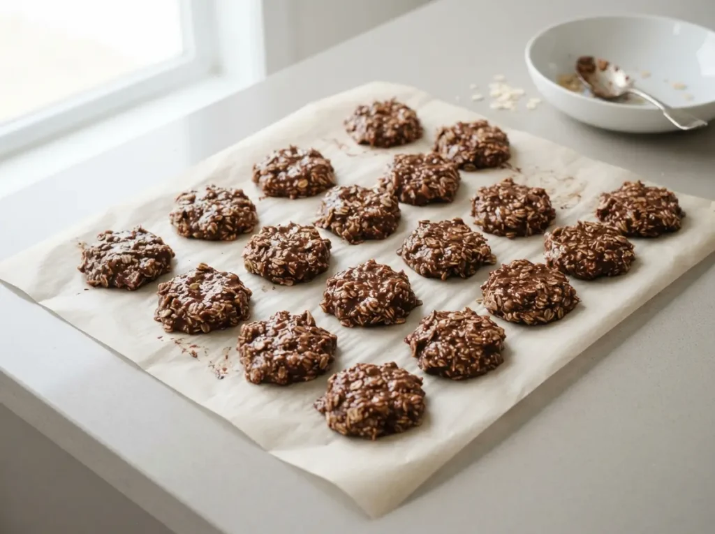 Easy No Bake Cookies Recipe That Sets Every Time 6 Finished cookies cooling on parchment before storage.