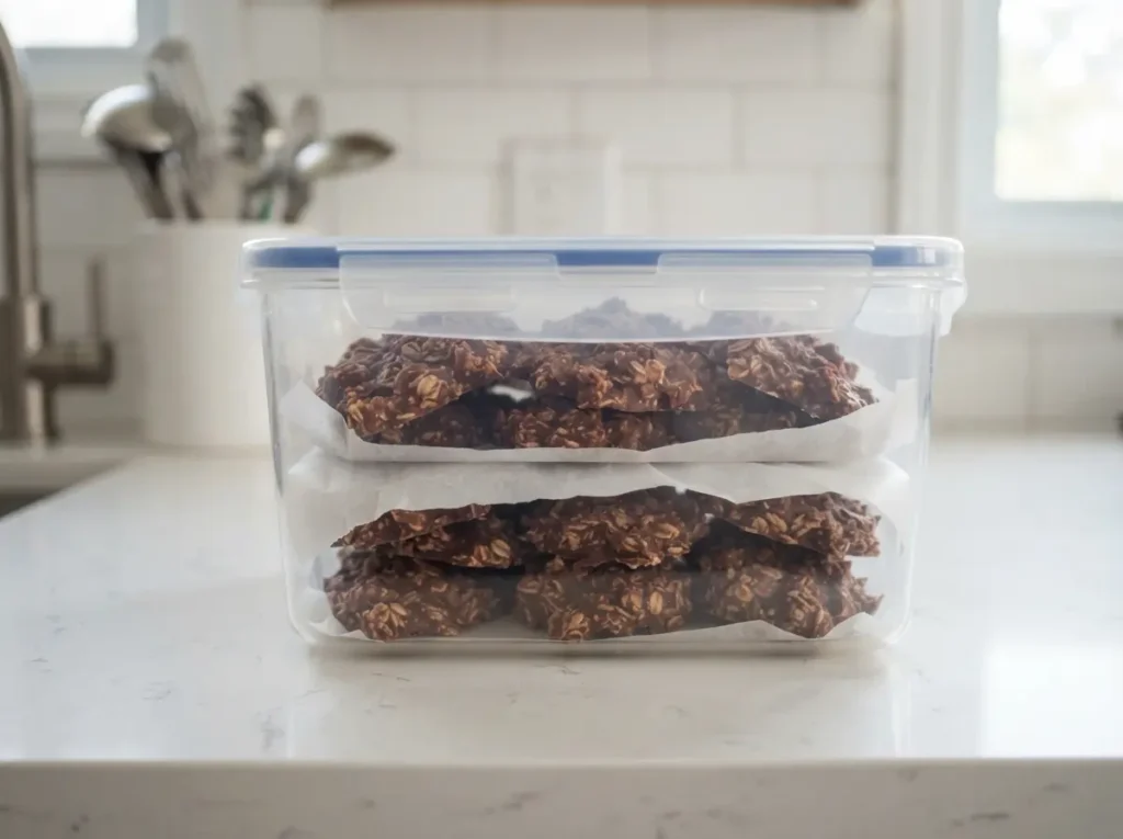 Easy No Bake Cookies Recipe That Sets Every Time 7 Cookies stacked in an airtight container with parchment between layers.
